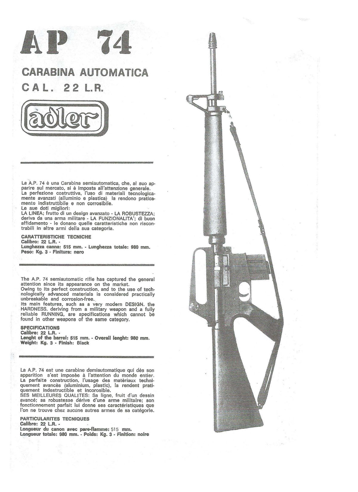 CARABINE ARMI JAGER AP 74 M16 CALIBRE 22LR